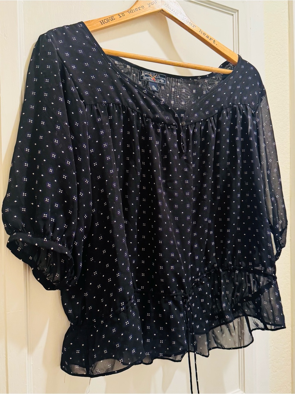 American Living Peasant Blouse XL Black Purple Floral Boho Western Tunic Top